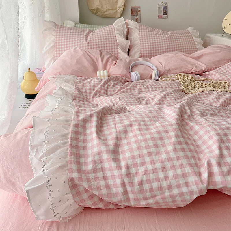 3 Piece Sheet Set  pink checked, Gingham Pattern,  duvet cover Set.  Comfortable Bedding Set for All Seasons