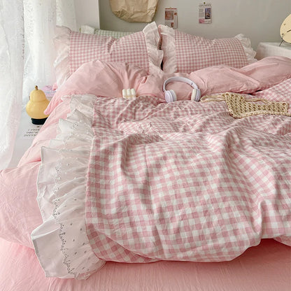 3 Piece Sheet Set  pink checked, Gingham Pattern,  duvet cover Set.  Comfortable Bedding Set for All Seasons