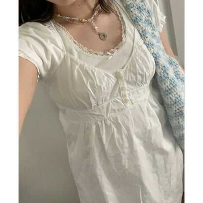 Ruffle Top Buttons Womens Crop Tops, Cute, Short Sleeve Tshirt