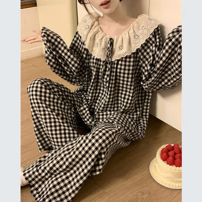 Sweet Large Collar Lace Trim Pajamas for Women with Plaid Long Sleeves and Long Pants Student Home Wear Large Size 2 Piece Set