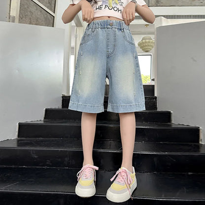 Girls Denim Shorts, Loose Pants,  Casual,  Thin Jeans  for  Teenage, Wide Leg, Knee-Length Trousers