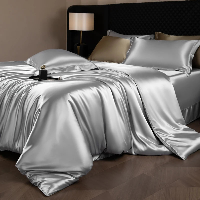 Silk Bed Sheets Set,   Luxury Bedding Set with Duvet Cover,  Fitted/Flat Bedsheet,  Pillowcases, Mixed with Rayon, King /Queen/ Full T/win