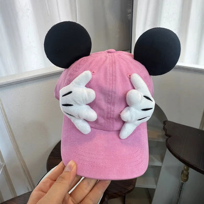 Cute Cartoon Mouse Ear Baseball Caps Adjustable Snapback Hat Outdoor Sports Travel Sun Hat with Curved Brim for Adult Teens.  RED and BLUE are gone. PINK, BLACK, PURPLE are most available.