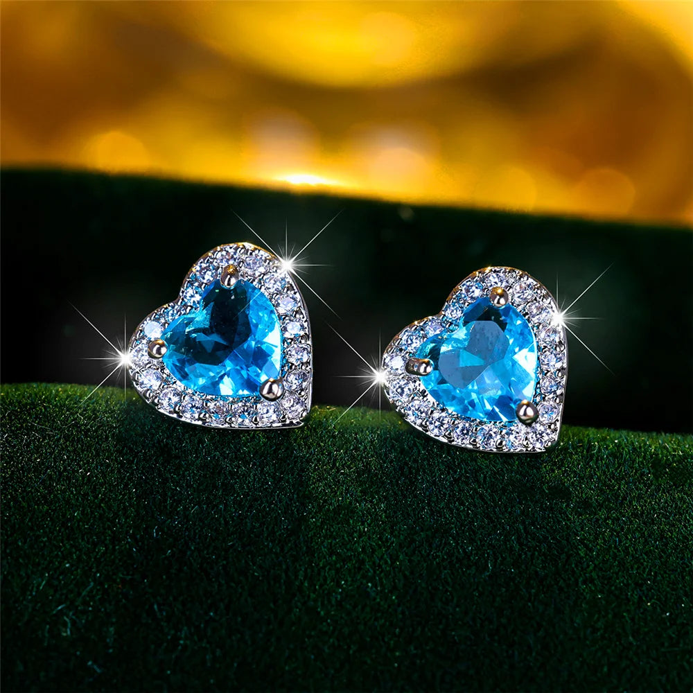 Cute Female Black/Green/Red/White/Blue Small Heart Stud Earrings .  Vintage Wedding Jewelry For Women