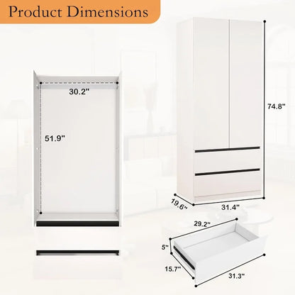 75" Wardrobe Closet with 6 Doors & 6 Drawers, White Wooden Armoire for Bedroom