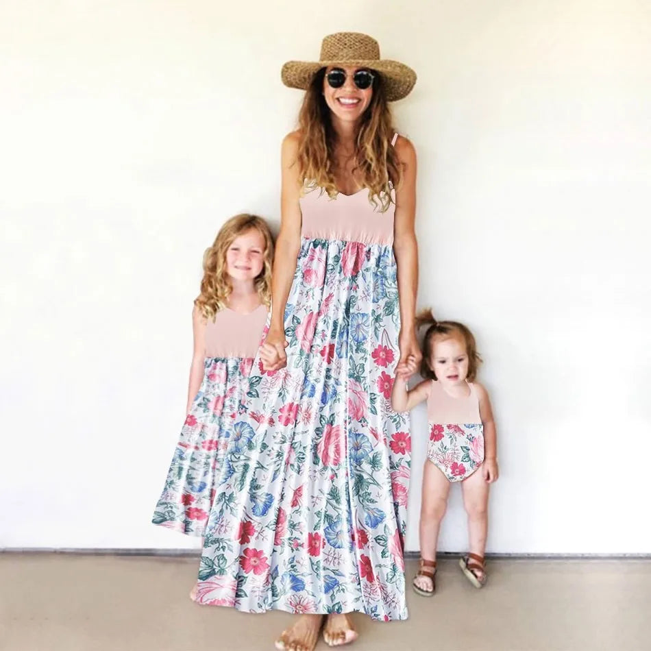 Matching Family/ parent-child color matching dress,  flower print extreme-bottom short-sleeved skirt floral