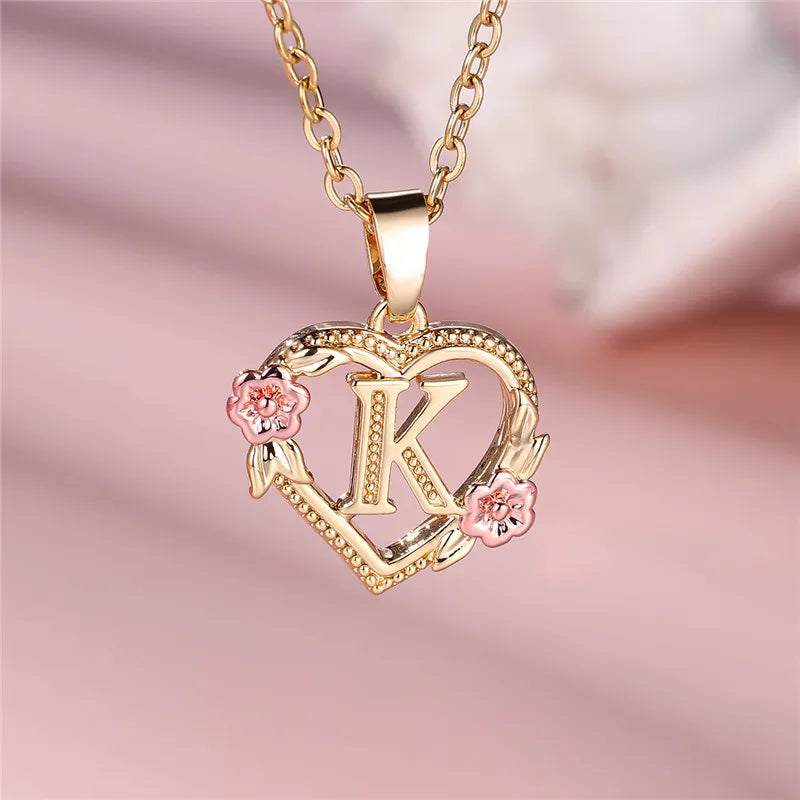 A-Z Letter Flower Pendant Necklace,  Yellow Gold  Wedding Jewelry GifTS