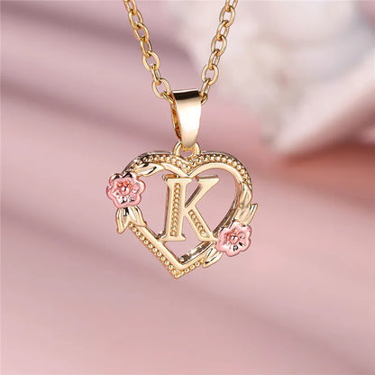 A-Z Letter Flower Pendant Necklace,  Yellow Gold  Wedding Jewelry GifTS