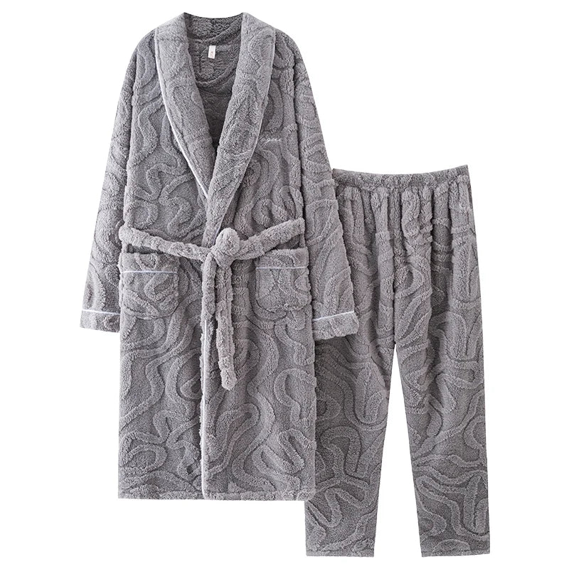 Winter Jacquard Flannel Sleepwear With Belt Robe+Pants.  . 2PC Warm Men s Pajamas.  Fleece Robes Set Full Sleeve Homewear.