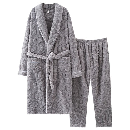 Winter Jacquard Flannel Sleepwear With Belt Robe+Pants.  . 2PC Warm Men s Pajamas.  Fleece Robes Set Full Sleeve Homewear.
