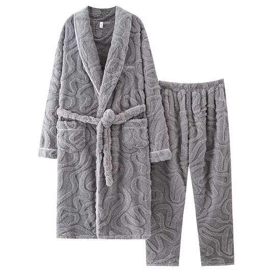 Winter Jacquard Flannel Sleepwear With Belt Robe+Pants.  . 2PC Warm Men s Pajamas.  Fleece Robes Set Full Sleeve Homewear.