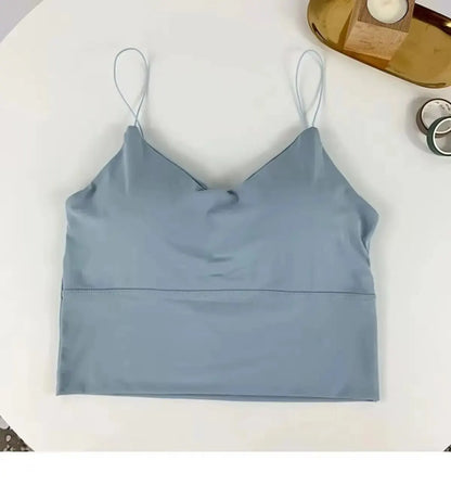1pc Women Sexy Solid Color Camisole Ice Silk Tube Seamless Sports Tank Top Wireless Underwear Padded Bra Bralette Vest. SKY BLUE is available, one size with slight STRETCH.