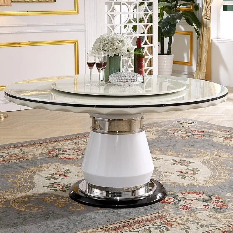 Marble, round dining table and chair combination, black and white simple, modern,  light luxury dining table with turntable