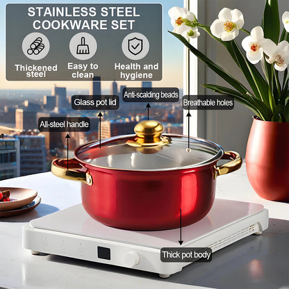 Red Cookware Set. 12-Piece, Stainless Steel, Non-Stick, Kitchen Cookware Collection.