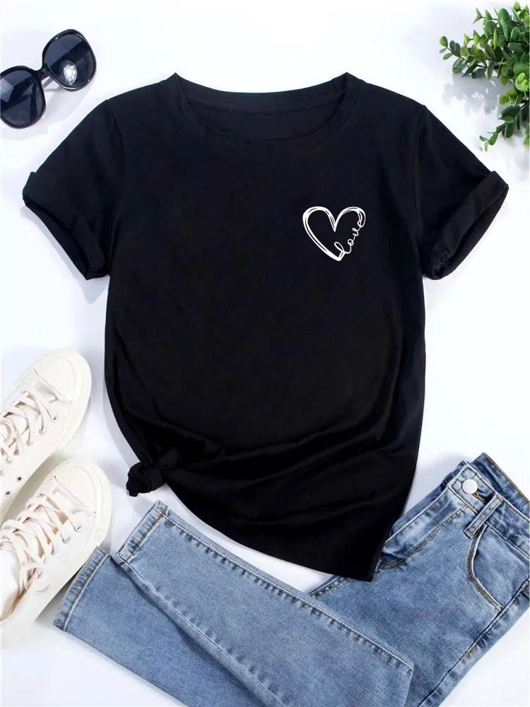 Love Heart Printed Trend,  Womens,Fashion Clothing,  Graphic T-shirts , Female Short Sleeve,Casual Tee