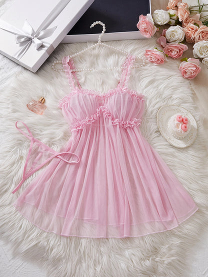 Womens Perspective Mesh Nightdress  with Bow Wrapped Around Chest.   Pink,  Sexy Babydoll Lingerie  for Valentine Day Gift or any other Day.
