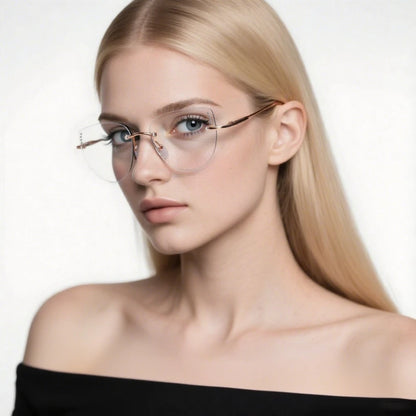 High Quality Frameless Photochromic Myopia Glasses.   All Titanium, Ultra Light Cat Eye , Anti -Blue Light Glasses,  Diopter To -4.0