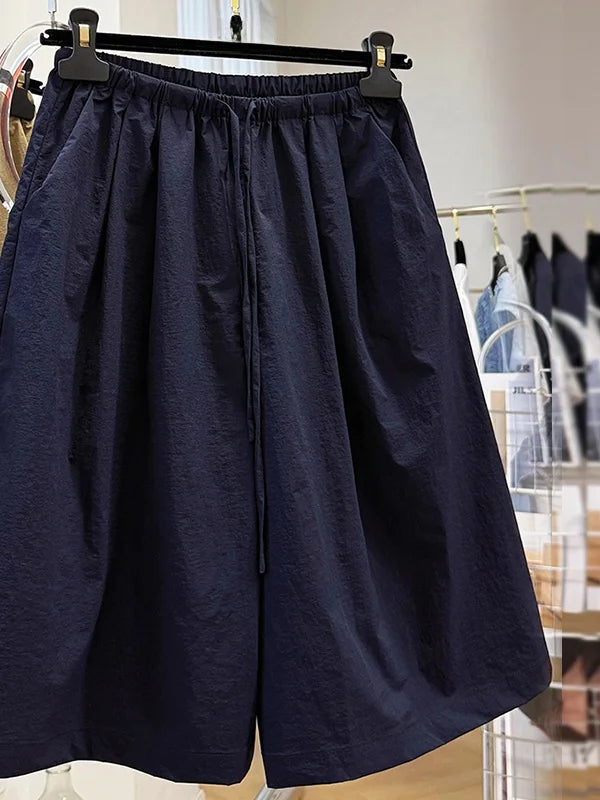 Quick Dry Thin Wide Leg Pants, Women's Elastic Waist Five-Point Shorts, Casual Straight Leg Acetate Fiber  for Summer