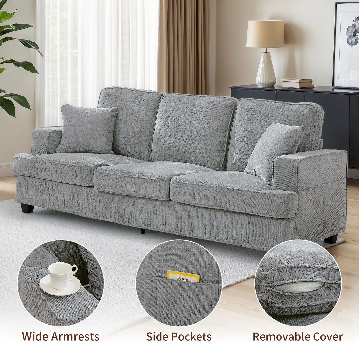 Sofa for Living Room, 89 inch Cloud Sofa in Chenile with Extra Comfy Soft Seats, Modern 3 Seater Sofas for Bedroom