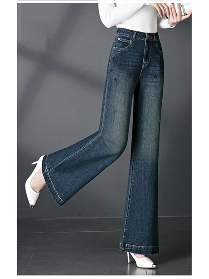 Autumn/Winter Women's High Quality,  Mid to High Waist,  Micro Jeans  in Plus Sizes, Embroidered,  Straight LEG, Casual