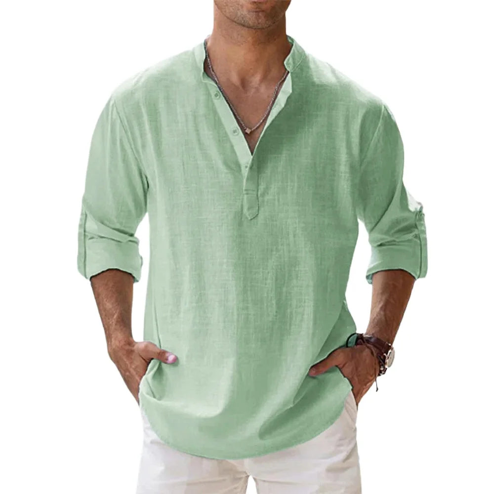 Cotton Linen Hot Sale Men's Short-Sleeved Shirts.  Summer Solid Colors Henley Collar Casual Beach Style Hawaiian Vacation