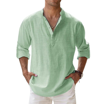 Cotton Linen Hot Sale Men's Short-Sleeved Shirts.  Summer Solid Colors Henley Collar Casual Beach Style Hawaiian Vacation