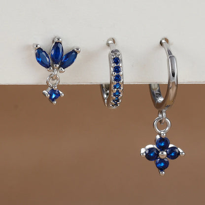 3PCS Fashion Orange Blue Zircon Hanging Earrings Set for Women Stainless Steel Flower Dangle Earring Piercing Jewelry