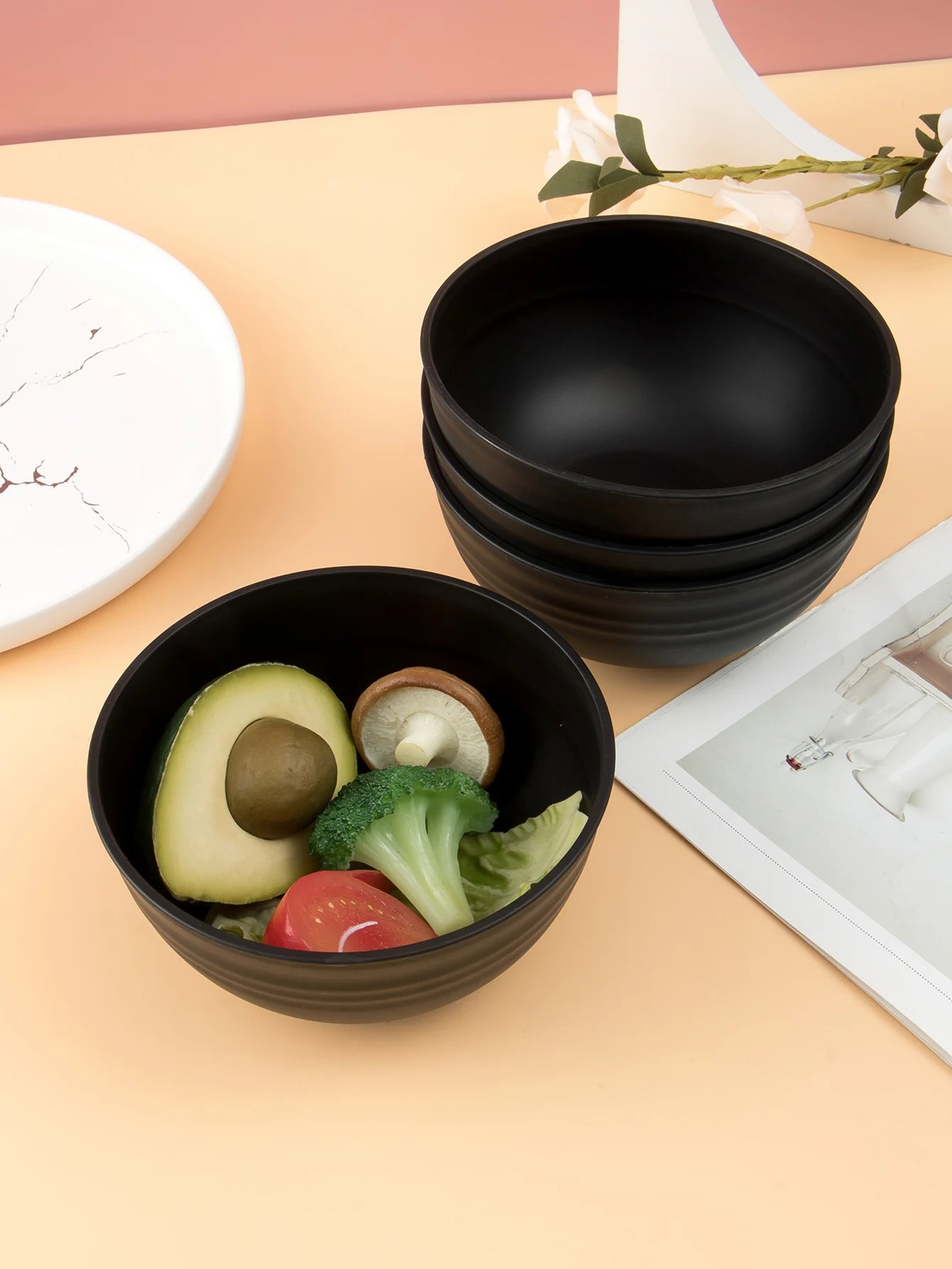 4/6/8pcs  Black grain bowl,  Reusable household plastic dinner bowl. Can hold food,  dessert,  grain,  great outdoor bowl