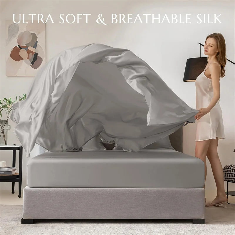 100% Mulberry Silk 4/6pcs Bed Sheet Set, Luxury Silk Fitted Sheet Flat Sheet Pillowcase, Washable Soft