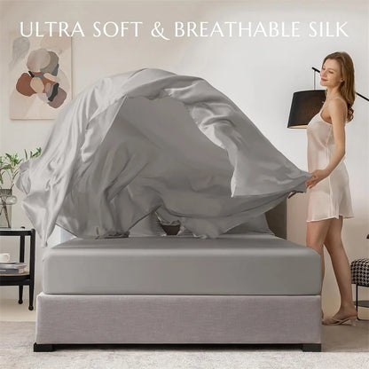 100% Mulberry Silk 4/6pcs Bed Sheet Set, Luxury Silk Fitted Sheet Flat Sheet Pillowcase, Washable Soft