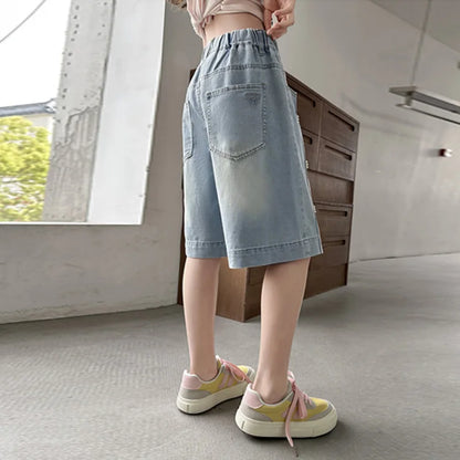 Girls Denim Shorts, Loose Pants,  Casual,  Thin Jeans  for  Teenage, Wide Leg, Knee-Length Trousers