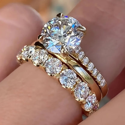 Huitan Gorgeous 3Pcs Set of Rings Female Luxury Shiny Round Zirconia Finger Jewelry Fashion Gold Color Accessories for Wedding
