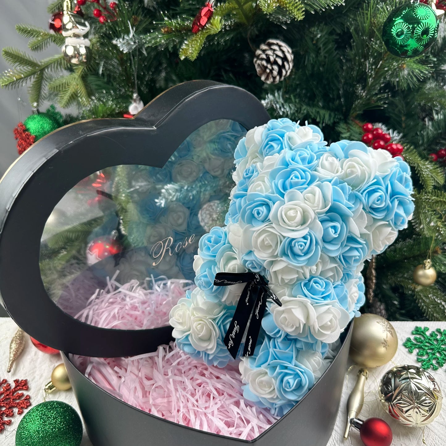 25cm Artificial Teddy Rose Flower Bear with Box.   Romantic Valentines Day Gift for Girlfriend,  Teen , Women Anniversary or Wedding Party