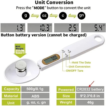 Mini Spoon Scales,  Digital Kitchen Scale,  Electronic LCD Food Scale to  0.1-500g Cooking Flour, Milk, Coffee, Powder Weight Measuring Spoons