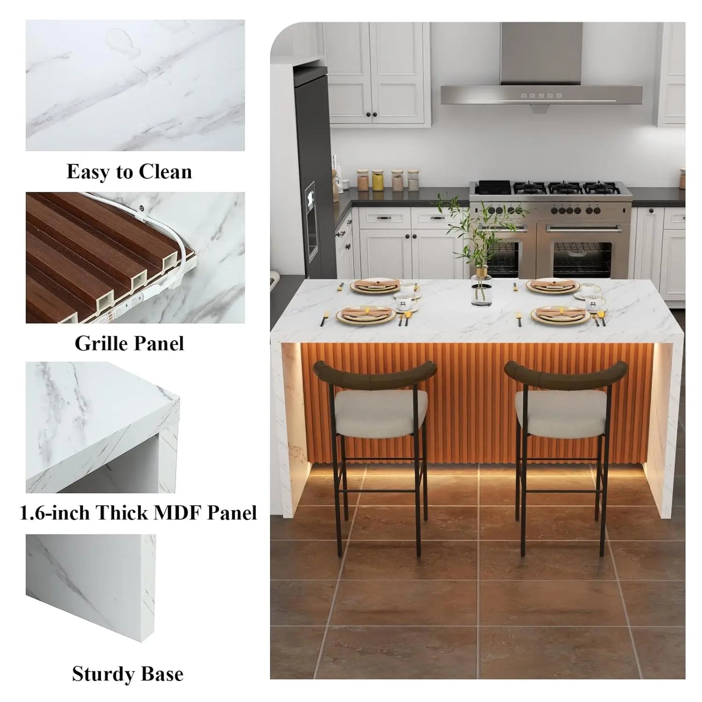 63" Large Imitation Marble Dining Table for 4-6 People(Patent Pending),Island Table with LED Lights, Modern faux Marble finish