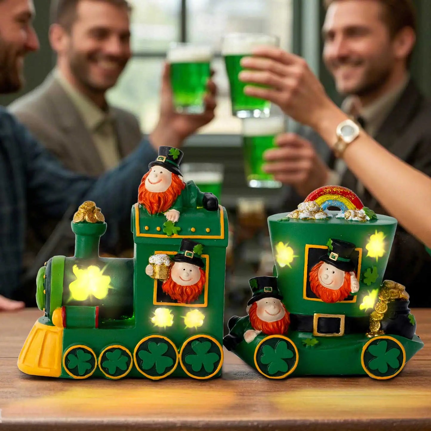 St Patricks Day Decorations For Home Train 2 Piece Set LED  Saint Patrick Gnomes Figurines Home Ireland Indoor Party Table Decor