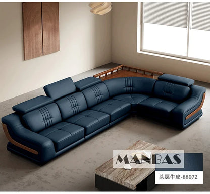 Premium Italian Genuine Leather Sofa Set.  Big Sectional Couch for Living Room,  With Adjustable Headrest