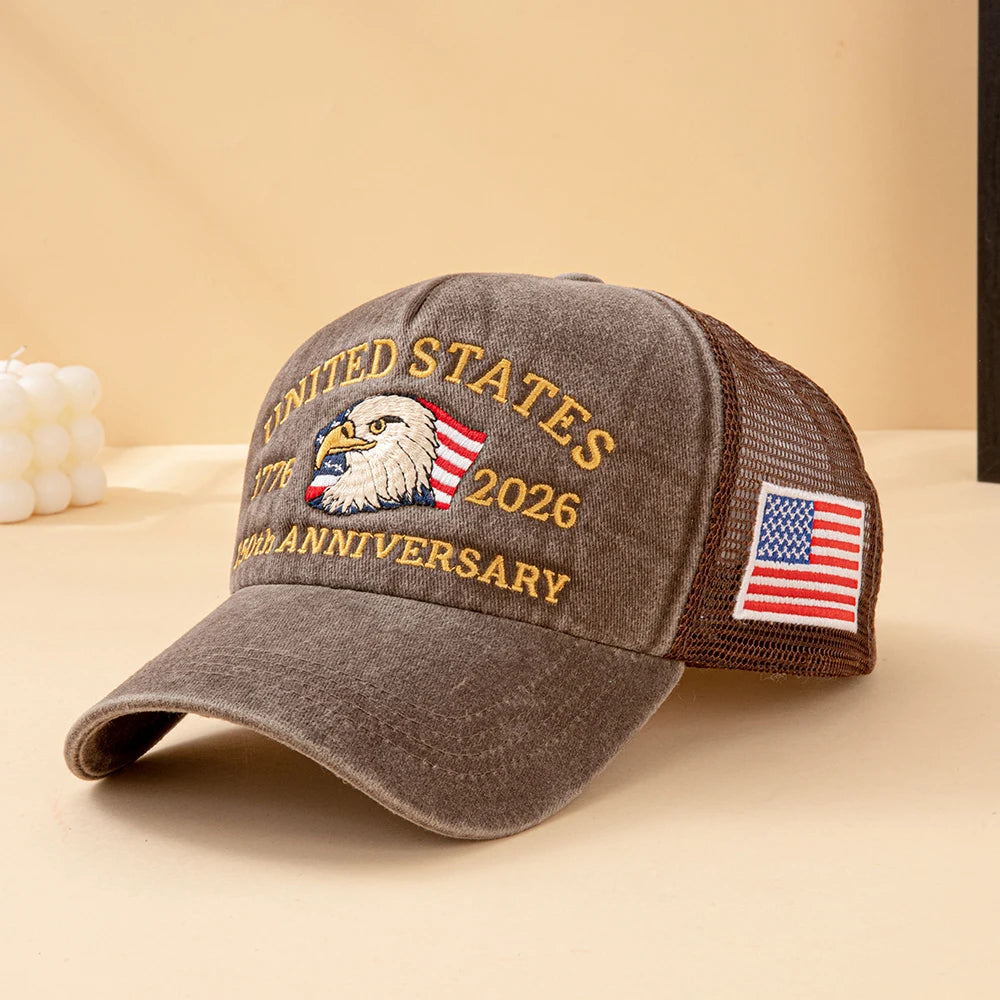 United States 250th Anniversary,  1776-2026 Bald Eagle Embroidered,  Washed Mesh,  American Flag , Adjustable Baseball Cap