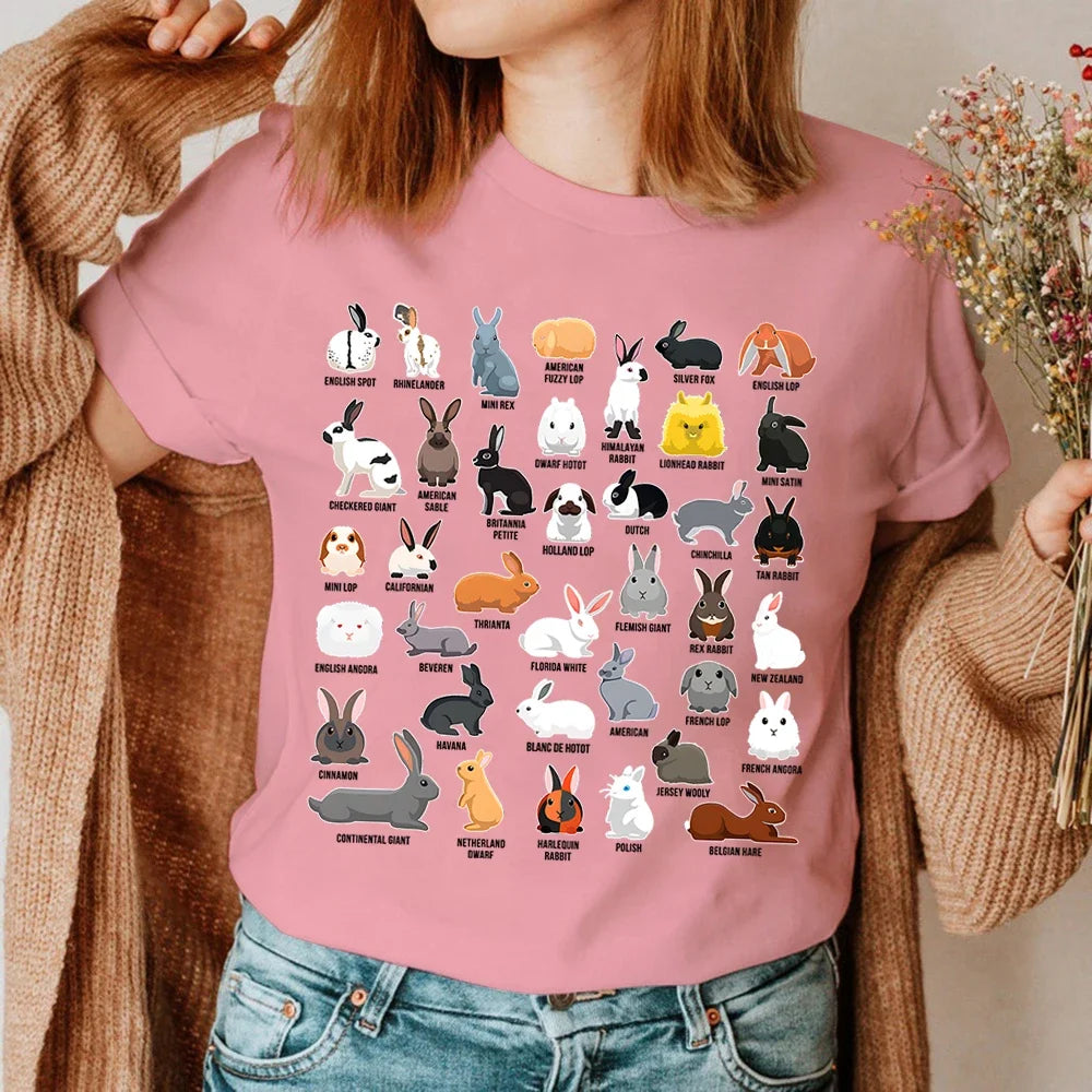 Bunny Summer Women's T-shirt,  Types of Rabbits , Print Tops,  Short-sleeved Casual Ladies Tees, O-neck