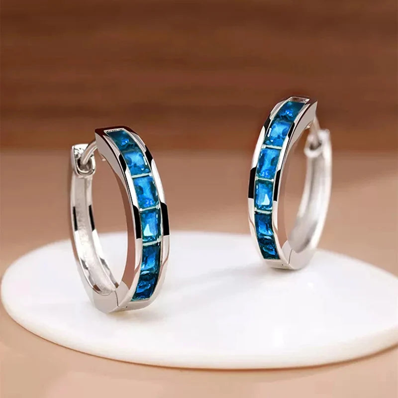 Classic Design Hoop Earrings,  Full with Princess Square CZ's.   Simple and Elegant Accessories Versatile Jewelry Perfect for MOTHERS DAY Gift
