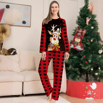 New checkered Christmas parent-child set  of pajamas with cartoon print of  a little deer