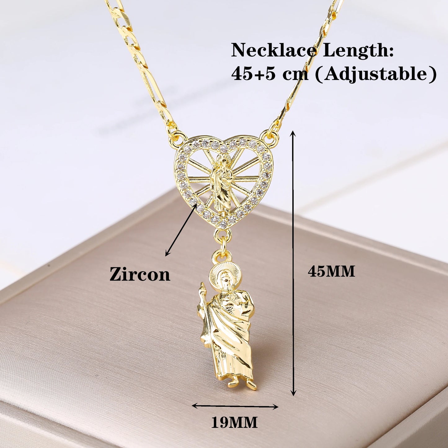 Catholic Saint Jude Heart,  Pendant NecklacE,  Gold Plated/ Rhinestone Religious Jewelry for Women Men, Prayer Gift