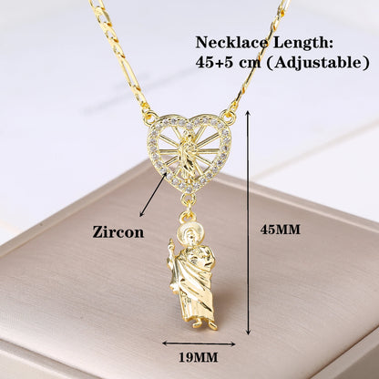 Catholic Saint Jude Heart,  Pendant NecklacE,  Gold Plated/ Rhinestone Religious Jewelry for Women Men, Prayer Gift