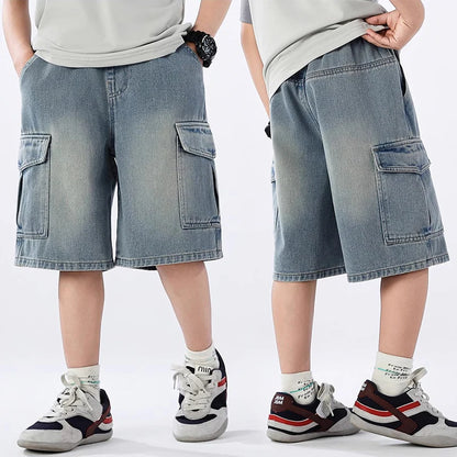 Teen Boys Denim Shorts,  Solid Color,  Big Pocket,Thin Jeans /Pants For 4-14 Year old  BOYS