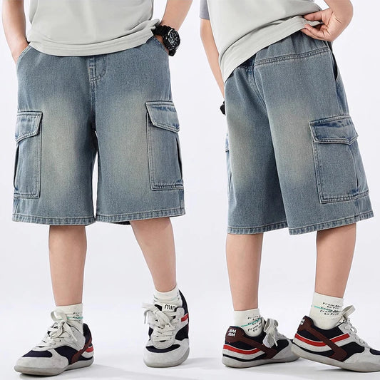 Teen Boys Denim Shorts,  Solid Color,  Big Pocket,Thin Jeans /Pants For 4-14 Year old  BOYS