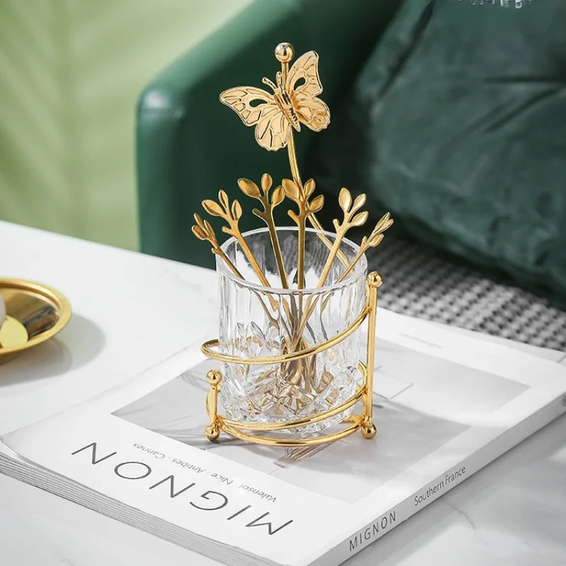 Stainless Steel Fruit Fork Spoon Set Tableware Storage Rack Golden Butterfly Cup Holder Home Dessert Cake Fork Home Decoration