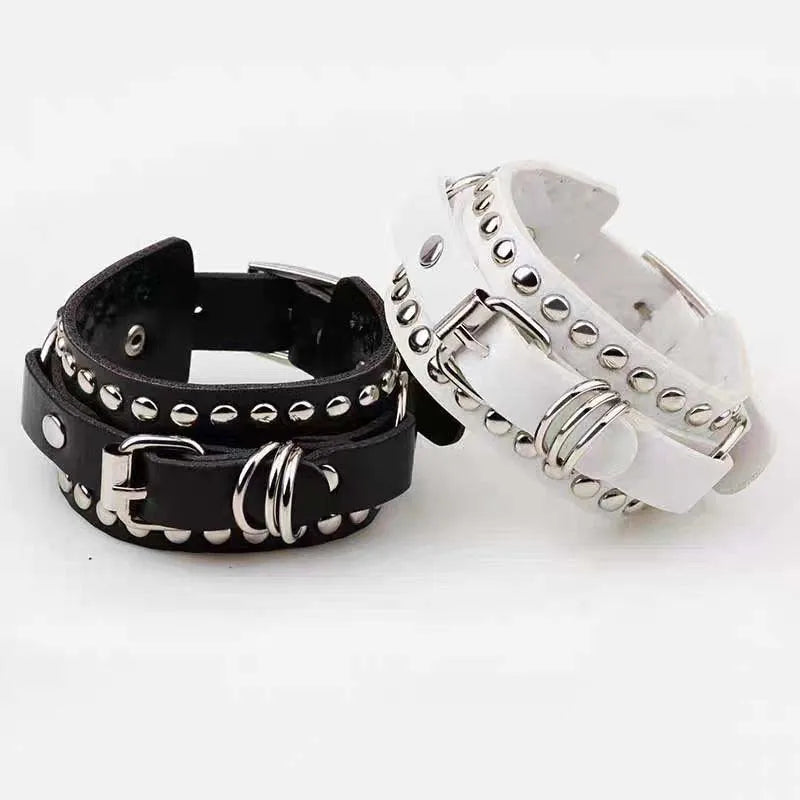 WHITE Leather Only,  Adjustable Bracelet for Women/ Men , Vintage,  Rivet,  Wide Personality Cuff Bangle, Jewelry Gifts