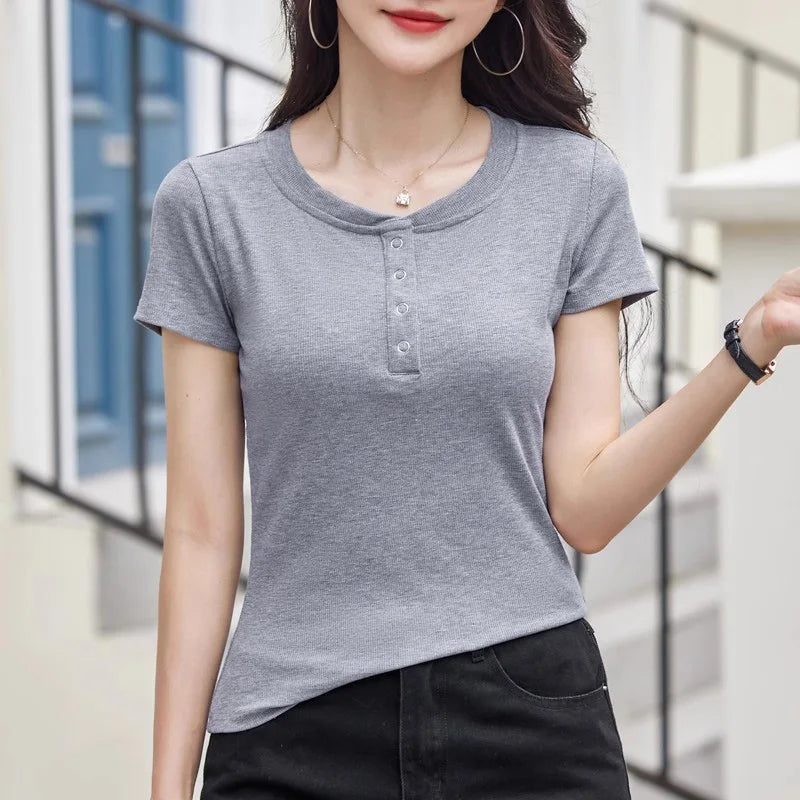New Women Casual T-shirt Summer Fashion O-Neck Short Sleeve Solid Color Slim Tees Simplicity Basic Short T-shirt Female 4 colors, well-stocked.