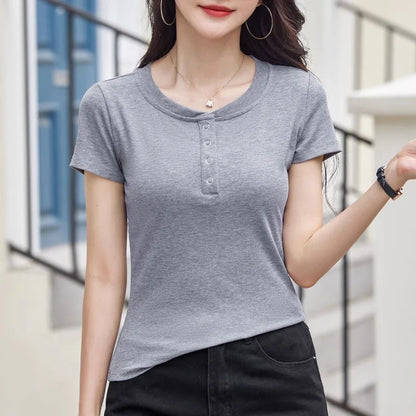 New Women Casual T-shirt Summer Fashion O-Neck Short Sleeve Solid Color Slim Tees Simplicity Basic Short T-shirt Female 4 colors, well-stocked.