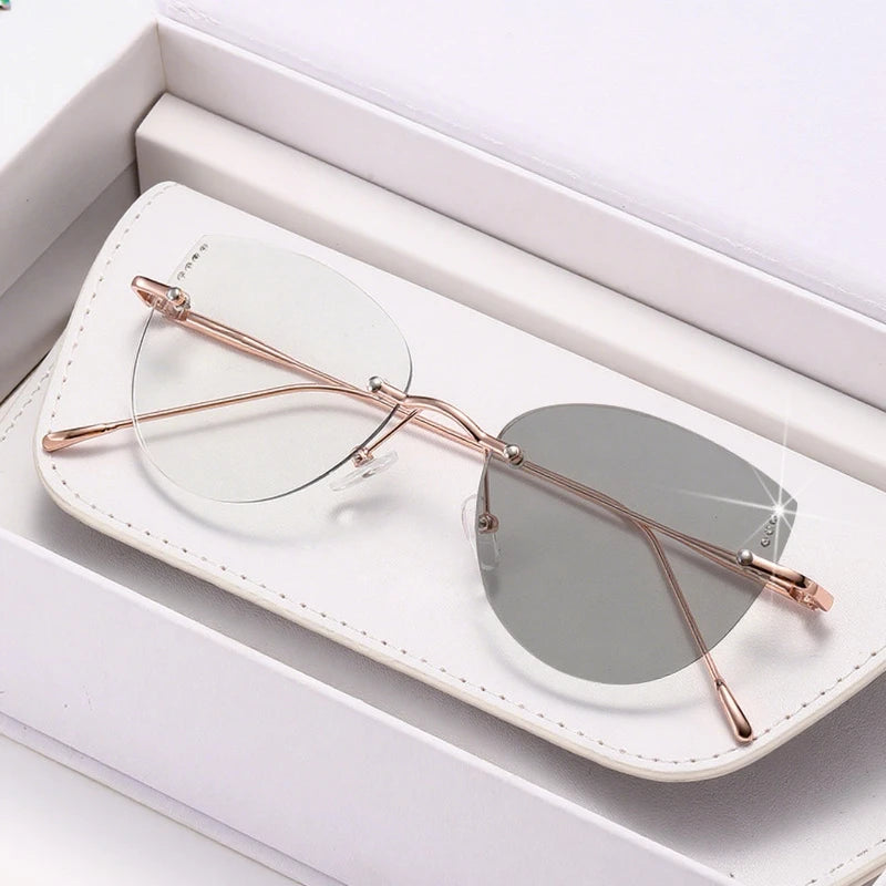 High Quality Frameless Photochromic Myopia Glasses.   All Titanium, Ultra Light Cat Eye , Anti -Blue Light Glasses,  Diopter To -4.0